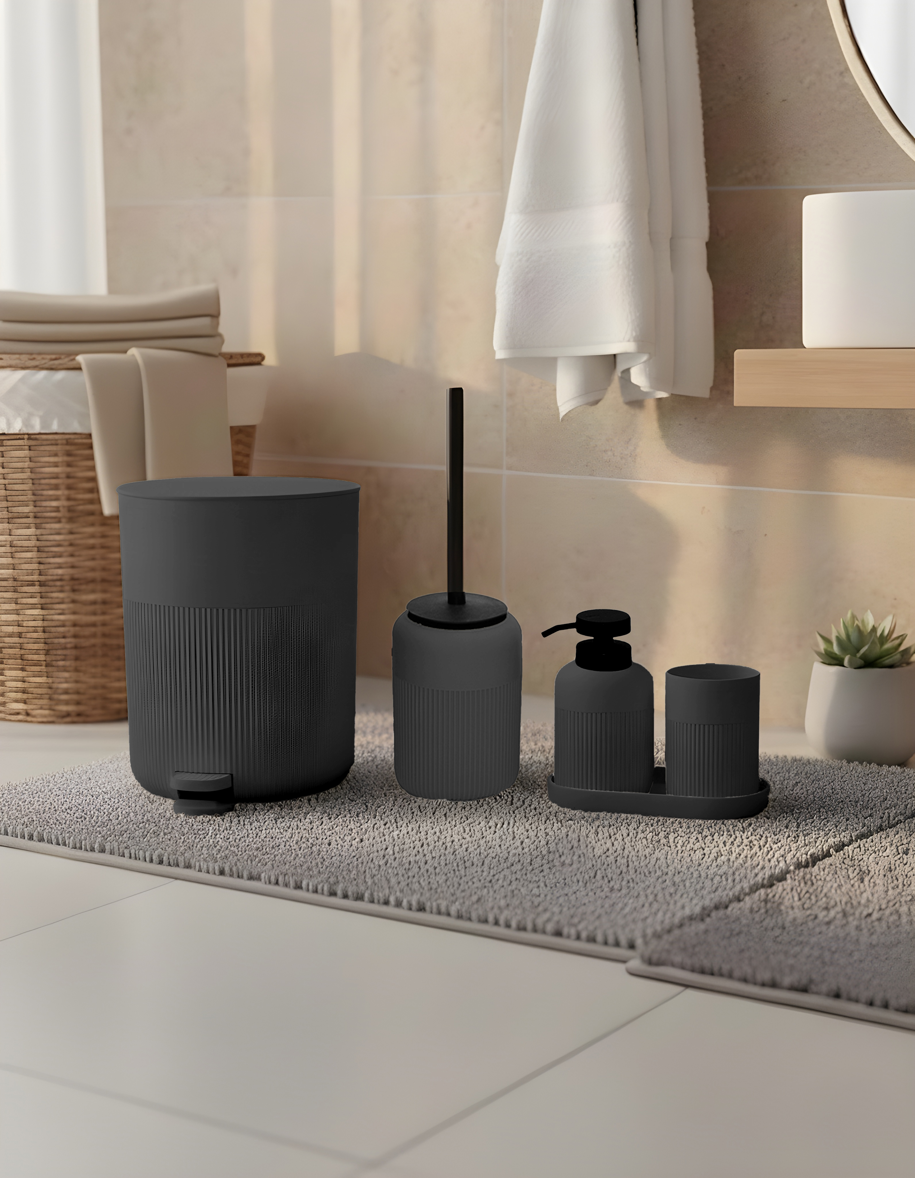 U/7 ÇİZGİLİ YUVARLAK GRİ 5 PARÇA BANYO SETİ